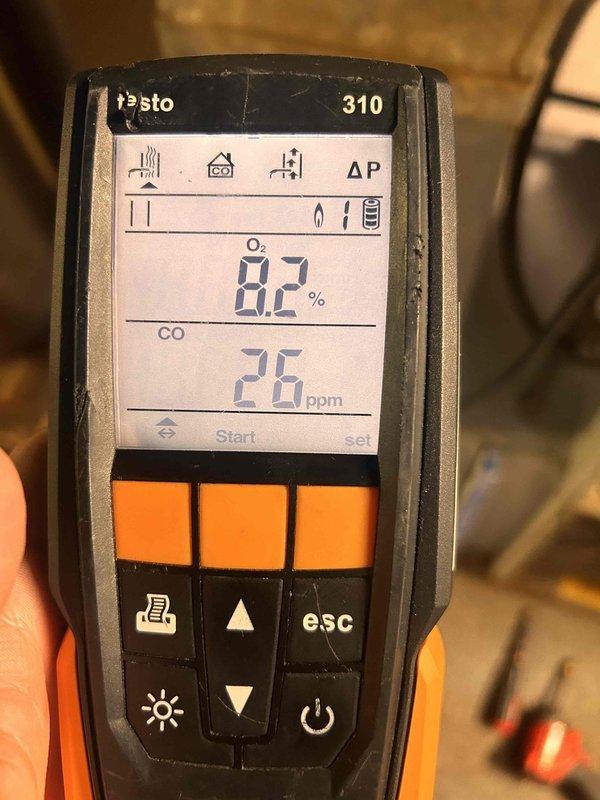 Performed scheduled furnace maintenance service. Conducted combustion analysis using Testo 310 analyzer, measuring CO levels at 26 ppm and O₂ at 8.2%. All readings within acceptable parameters, confirming proper furnace operation.