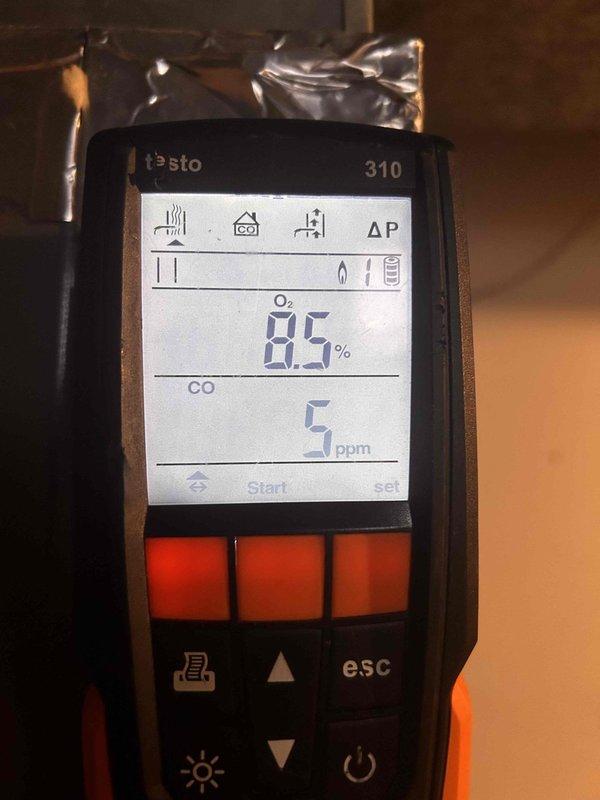 Performed furnace maintenance service as requested. Conducted combustion analysis using Testo 310 analyzer, verifying CO levels (5-9 ppm) and oxygen levels (8.5%) within acceptable parameters. Diagnosed and resolved issue preventing furnace ignition, returning system to proper operation.