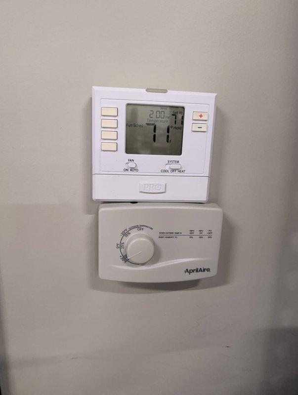Successfully installed and configured AprilAire humidifier system per service request. Connected unit to existing HVAC controls, ensuring proper integration with the digital programmable thermostat. Verified system functionality with humidity control dial calibrated to optimal settings for the space.