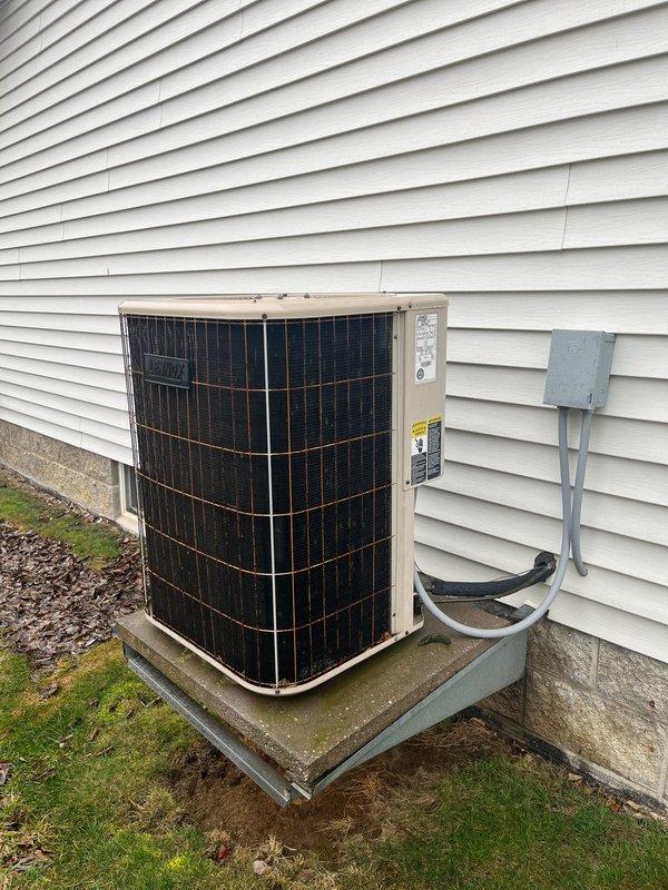 Completed furnace and AC replacement for a customer referral. Installed new Lennox furnace unit in basement utility area, connecting to existing ductwork system, and replaced aging outdoor AC condenser unit which was mounted on concrete pad with proper electrical connections.