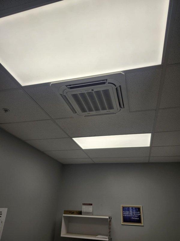 Successfully replaced indoor cassette unit for Breeze mini-split system in commercial space. Installation included proper mounting to ceiling grid and connection of all necessary refrigerant lines, condensate drainage, and electrical components. System was tested and confirmed to be functioning according to specifications.