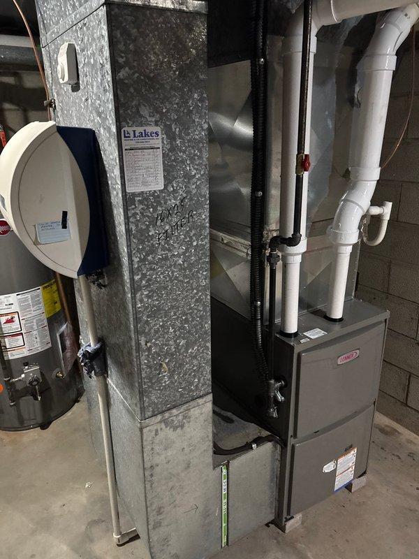 Completed a full furnace retrofit, installing a new Lennox furnace unit with proper PVC ventilation and condensate lines in the utility room. Connected the system to existing ductwork which includes an air purifier/humidifier component. Ensured all connections were secure and system was operating according to manufacturer specifications.