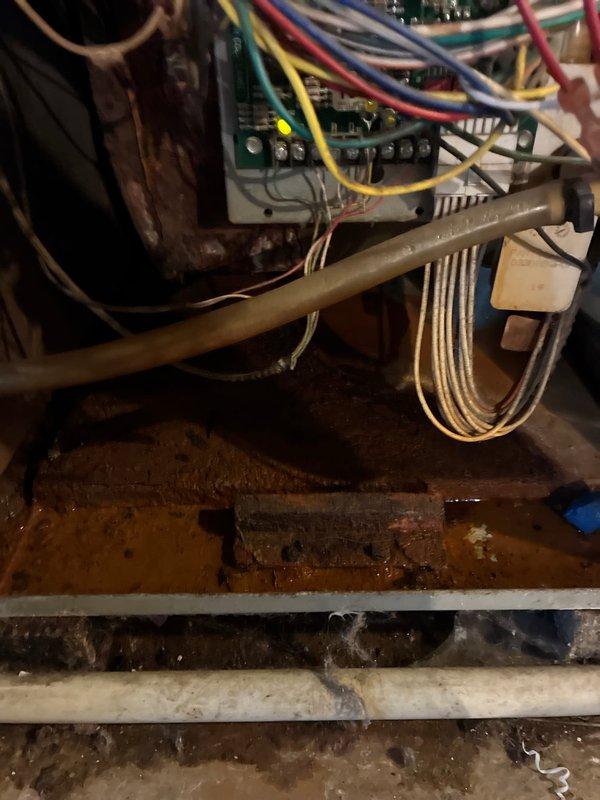 Performed scheduled maintenance on aging furnace (10+ years). Inspected control board and wiring connections, noting some corrosion on metal components. Examined wall mounting and surrounding structure for proper ventilation and support integrity.