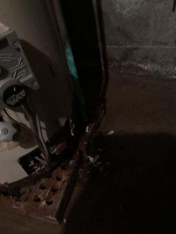 Conducted comprehensive assessment of existing water heater installation in basement utility area. Evaluated 40-50 gallon capacity water heater with copper supply and distribution piping connected at top of unit. Documented severe corrosion and rust deterioration on base pan and floor area beneath water heater, indicating previous or ongoing leak conditions. Inspected mechanical components, pressure tank, and associated plumbing connections for proper operation and code compliance. Photographed current installation configuration including copper piping runs, PVC drainage, wall-mounted supports, and corroded base assembly to provide detailed documentation for water heater replacement estimate.