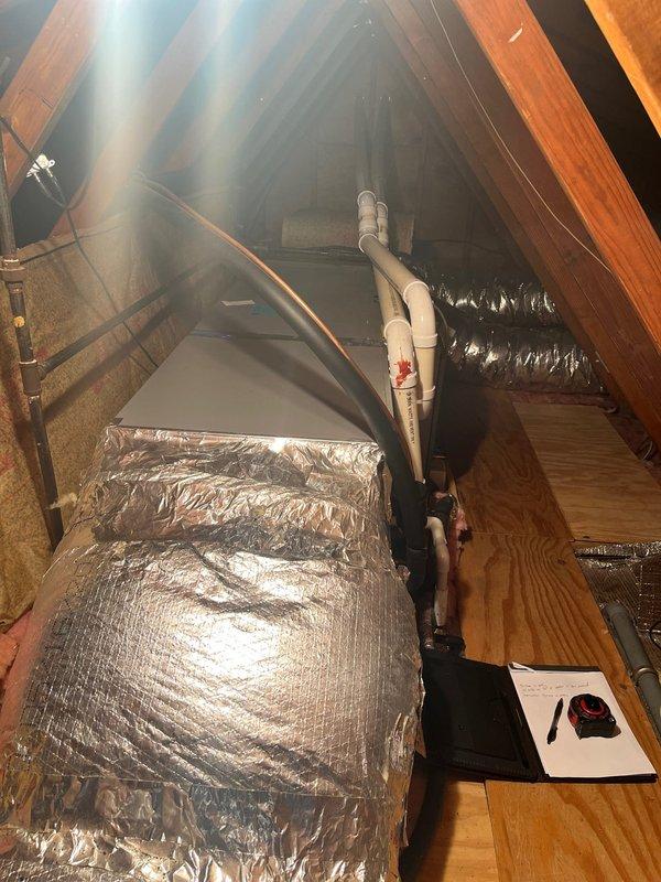 Completed furnace replacement estimate for attic-installed HVAC system. Inspected existing gas furnace and air handler unit located in attic space, evaluated current ductwork configuration including flexible supply ducts with reflective insulation, assessed PVC condensate drain and vent piping condition, and documented equipment specifications and installation environment. Provided comprehensive replacement options for new high-efficiency furnace system suitable for attic installation with proper ventilation and drainage requirements.