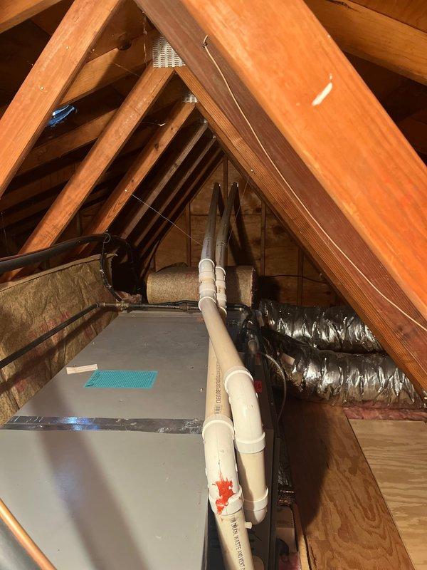 Completed furnace replacement estimate for attic-installed HVAC system. Inspected existing gas furnace and air handler unit located in attic space, evaluated current ductwork configuration including flexible supply ducts with reflective insulation, assessed PVC condensate drain and vent piping condition, and documented equipment specifications and installation environment. Provided comprehensive replacement options for new high-efficiency furnace system suitable for attic installation with proper ventilation and drainage requirements.