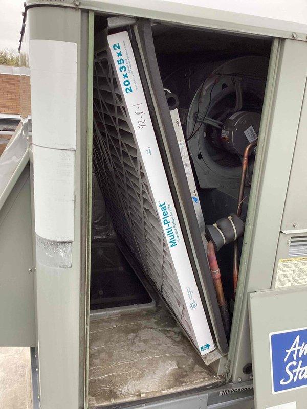 Completed scheduled recurring filter change service on commercial American Standard packaged HVAC unit. Accessed unit, removed and replaced 20x25x2 air filter with new MultiPleat filter, verified proper fitment, and secured access panel. Unit operational with improved airflow.