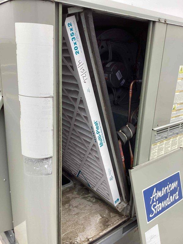 Completed scheduled recurring filter change service on commercial American Standard packaged HVAC unit. Accessed unit, removed and replaced 20x25x2 air filter with new MultiPleat filter, verified proper fitment, and secured access panel. Unit operational with improved airflow.