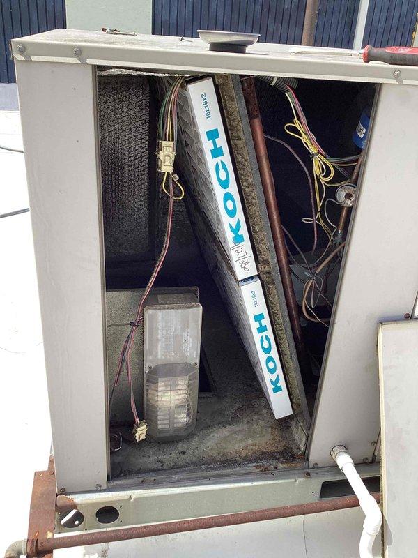 Performed preventative maintenance on two commercial rooftop air conditioning units, accessing equipment through interior door as specified. Completed thorough cleaning and inspection of both systems, including filter examination, electrical connections check, and verification of refrigerant line integrity. All components found to be in operational condition with normal wear patterns observed.