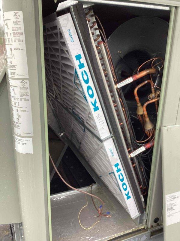 Performed comprehensive clean and check service on multiple commercial air conditioning units. Inspected evaporator coils, blower motors, heat exchangers, and refrigerant lines on all systems. Verified proper operation of all components, cleaned accessible surfaces, and documented equipment condition with photos showing KOOL-branded evaporator coil assembly, compressor components, and internal cabinet components in good working order.