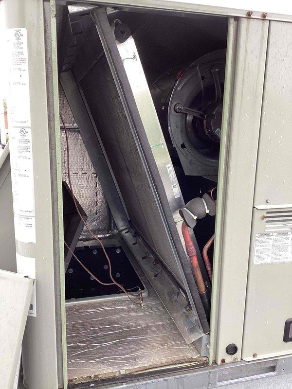 Performed comprehensive clean and check service on multiple commercial air conditioning units. Inspected evaporator coils, blower motors, heat exchangers, and refrigerant lines on all systems. Verified proper operation of all components, cleaned accessible surfaces, and documented equipment condition with photos showing KOOL-branded evaporator coil assembly, compressor components, and internal cabinet components in good working order.