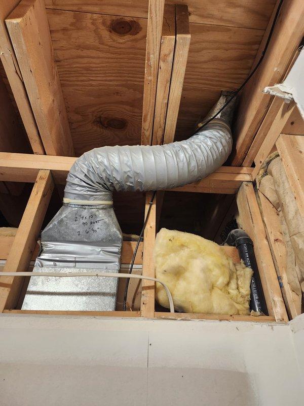 Completed HVAC modifications including removal of existing wine chiller unit and reconfiguration of ductwork system. Installed new flexible aluminum ventilation ducting in attic space to accommodate dryer vent and bathroom exhaust fan, routing through existing framing with proper support and clearances. Modified main trunk line with insulated plenum connections and secured all ductwork with appropriate strapping per code requirements. Performed preventive maintenance inspection on heating and cooling equipment, verifying all components are operating within manufacturer specifications.
