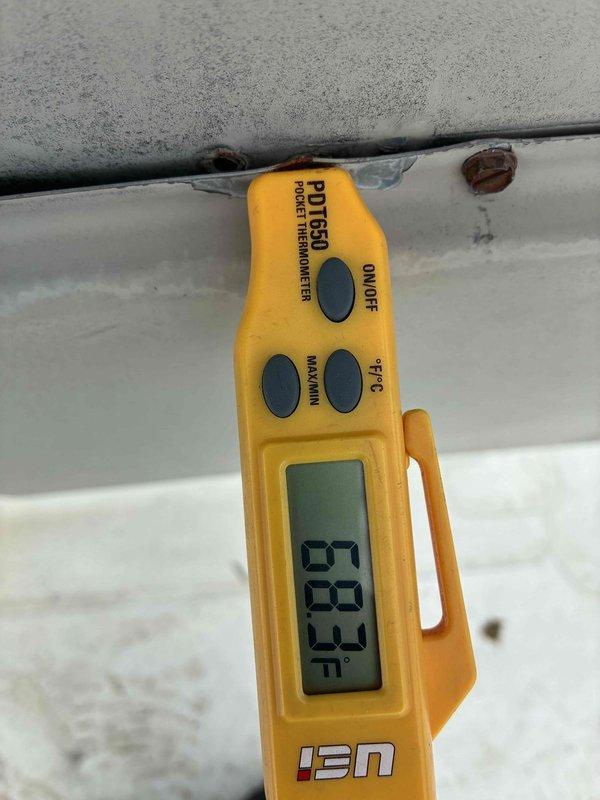 Completed routine commercial cooling maintenance visit on scheduled contract service. Performed temperature diagnostics on rooftop HVAC unit, measuring supply air temperature at 62°F and documenting system performance parameters. Inspected unit components for proper operation, checked refrigerant temperatures, and verified equipment is functioning within normal operating specifications. Unit operating satisfactorily with no immediate repairs required at time of inspection.