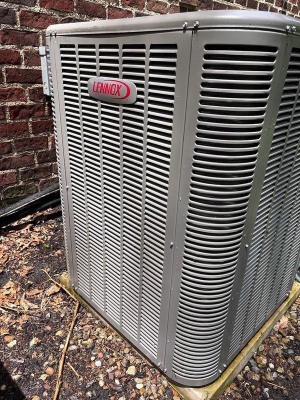 Completed air conditioning tune-up and inspection on Lennox condenser unit positioned on exterior concrete pad. Performed standard cleaning and system check, verified proper operation of all components, and inspected electrical connections and disconnect box. Advised customer of need for two 16x25x4 replacement filters and upcoming maintenance agreement renewal expiring in June.