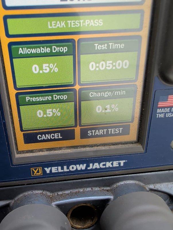 Completed A/C add-on installation to existing furnace system with electrical infrastructure previously in place. Performed pressure leak test using Yellow Jacket digital testing device, which confirmed system integrity with 0.5% pressure drop over five-minute test period, meeting acceptable parameters. Installed refrigerant lines with proper insulation, connected condensate drainage via PVC piping, and verified all mechanical connections to furnace unit and ductwork system.