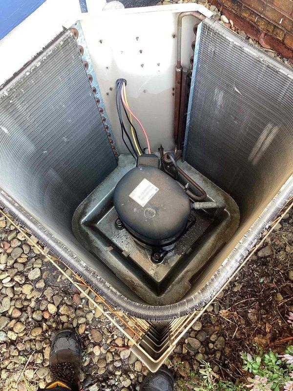Completed spring maintenance on commercial rooftop heat pump unit. Performed comprehensive system inspection with top panel removed, verified compressor operation and electrical connections, inspected condenser coils for cleanliness and proper airflow. Checked indoor air handler, replaced pleated air filter at ceiling return grille to maintain optimal system performance and air quality per preventative maintenance contract requirements.