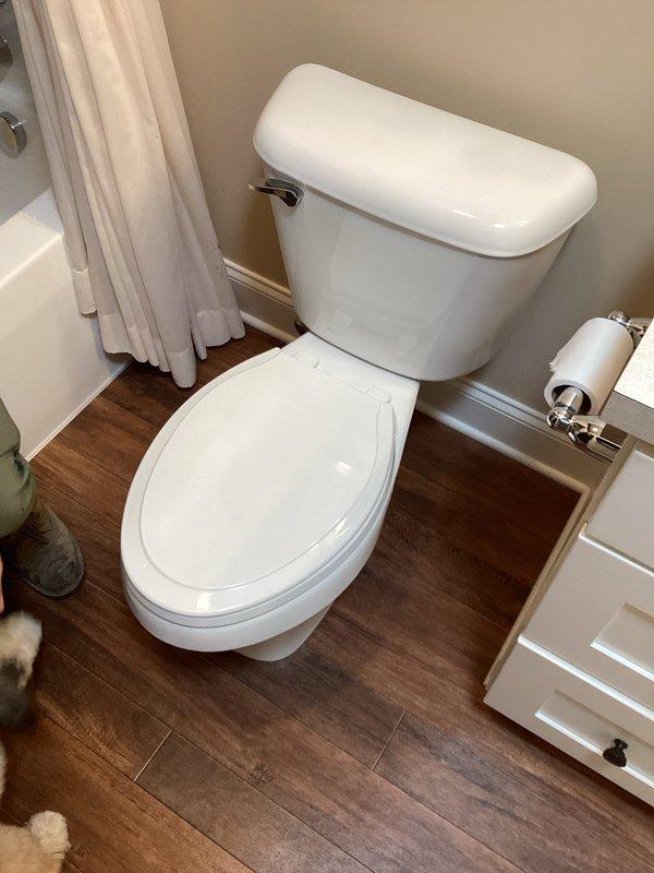 Completed installation of new American Standard toilet in residential bathroom. Removed existing toilet and installed replacement unit with new wax ring seal and closet bolts. Connected water supply using braided stainless steel flex line to chrome angle stop valve with compression fittings. Tested toilet for proper operation, flushing performance, and verified no leaks at tank-to-bowl connection, supply line connections, and base seal. Additionally installed customer-supplied showerhead in bathtub area. All fixtures tested and left in proper working condition.