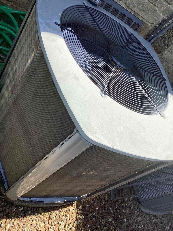 Completed scheduled cooling maintenance on residential split-system air conditioning unit. Inspected outdoor condensing unit, verified proper fan operation, and confirmed system airflow. Measured supply air temperature at 44.2°F, indicating adequate cooling performance and proper refrigerant charge.