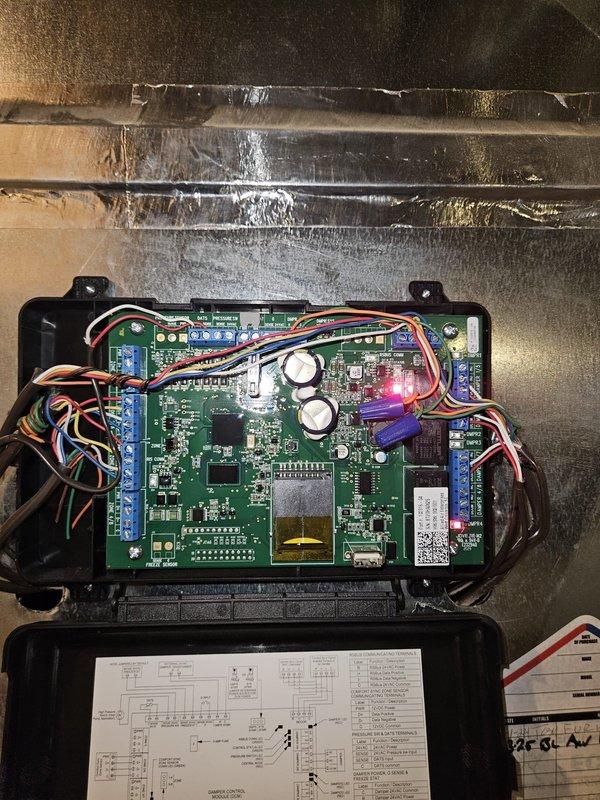 Responded to no cooling call on residential air conditioning system. Upon arrival, found system not operating. Inspected control board and verified proper thermostat operation showing system calling for cooling with indoor temperature at 78°F and setpoint at 76°F. Diagnosed failed control board in air handler unit. Replaced defective circuit board assembly and verified all wire connections to terminal blocks. Tested system operation and confirmed unit now cooling properly with thermostat displaying active cooling mode and normal humidity readings.