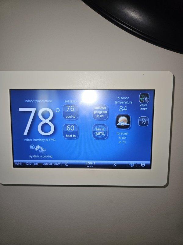 Responded to no cooling call on residential air conditioning system. Upon arrival, found system not operating. Inspected control board and verified proper thermostat operation showing system calling for cooling with indoor temperature at 78°F and setpoint at 76°F. Diagnosed failed control board in air handler unit. Replaced defective circuit board assembly and verified all wire connections to terminal blocks. Tested system operation and confirmed unit now cooling properly with thermostat displaying active cooling mode and normal humidity readings.
