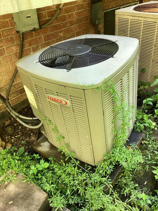 Completed comprehensive cooling maintenance and tune-up on 15-year-old Lennox air conditioning system. Performed full system inspection of outdoor condensing unit and indoor air handler, checking refrigerant levels, electrical connections, and overall operational performance. Addressed customer concerns regarding dehumidifier performance and humidity control issues, including investigation of dehumidifier interaction with AC system cycling. Inspected condenser coils for debris accumulation and verified proper airflow through outdoor unit despite vegetation growth around base. Evaluated indoor equipment including furnace/air handler unit, checked condensate drain lines, and verified proper operation of all system components. System confirmed operational and functioning properly at time of service completion.