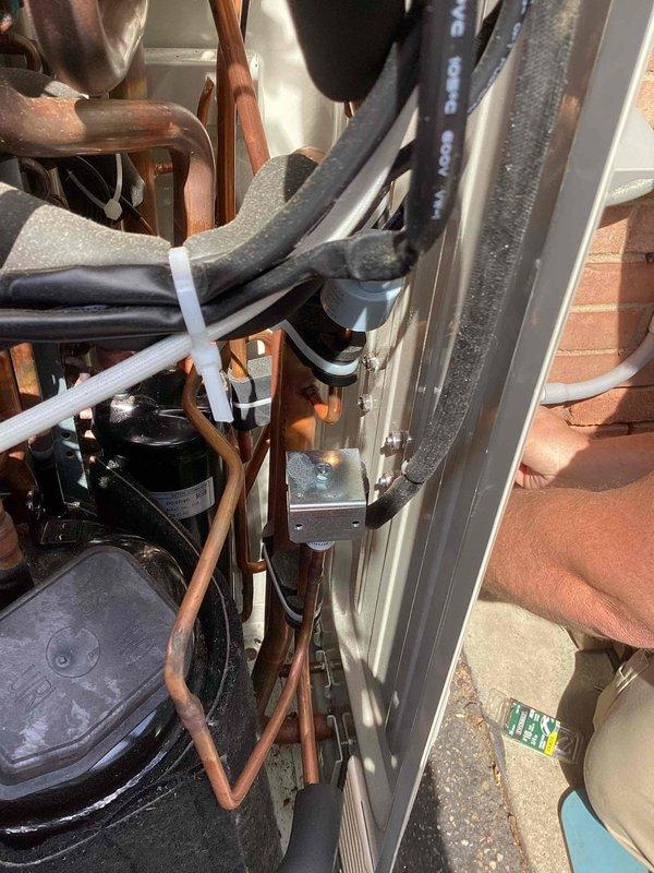 Supervised third-party contractor during installation of alarm sensor into commercial heat pump unit to ensure proper integration with existing system. Verified all refrigerant lines, electrical connections, and mechanical components remained undisturbed during sensor installation, with unit maintaining proper operation throughout the process.