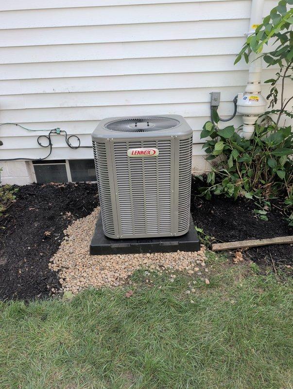 Completed full HVAC system retrofit in residential basement, installing new Lennox furnace and matching outdoor condensing unit. Removed existing equipment and installed high-efficiency furnace with proper venting and ductwork connections, ensuring all metallic supply ducts were properly sealed and insulated. Mounted outdoor Lennox condenser on gravel pad with appropriate clearance from foundation, connected refrigerant lines, installed electrical disconnect, and verified system operation. All installations meet manufacturer specifications and local code requirements.