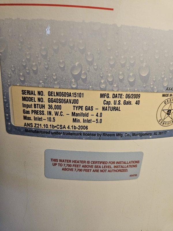 Performed comprehensive diagnostic evaluation of existing HVAC system and domestic water heater in preparation for system replacement. Inspected 2009 Rheem 40-gallon natural gas water heater showing significant condensation on exterior tank surface, indicating possible insulation failure or temperature/pressure relief concerns. Conducted combustion analysis on gas-fired equipment revealing elevated oxygen levels at 10.08% and suboptimal CO2 readings at 6.08%, suggesting improper air-to-fuel ratio and inefficient combustion. Carbon monoxide levels measured at 6 ppm, within acceptable range but indicating system requires adjustment. Documented equipment conditions via photography for replacement specifications. Provided findings to support new system installation planning.