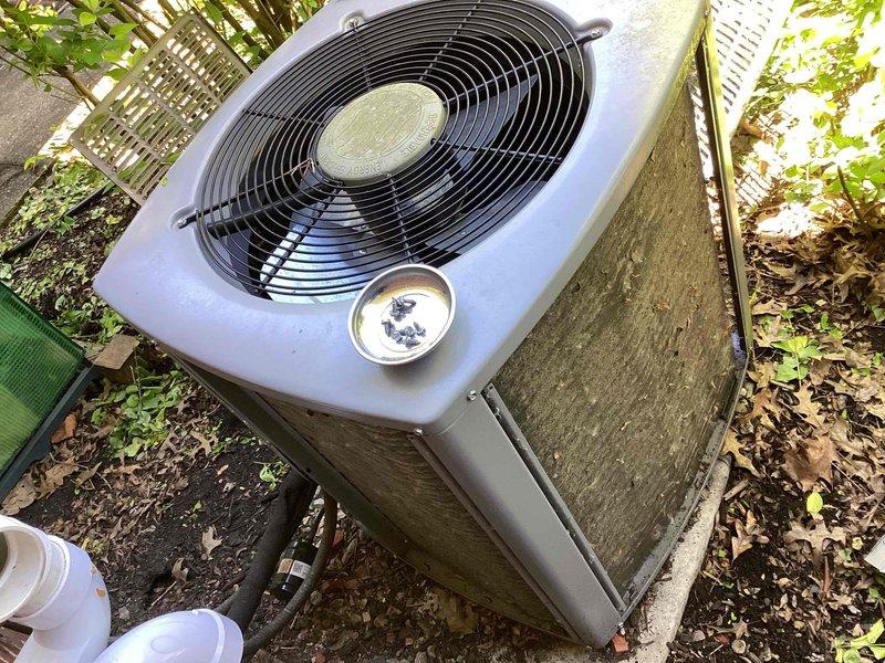 Completed comprehensive preventive maintenance on a 4-year-old residential air conditioning system. Performed full system inspection of outdoor condenser unit, including visual assessment of cabinet condition, fan assembly, and motor components. Cleaned condenser coils to remove environmental buildup and debris accumulation from fins. Verified proper operation of condenser fan motor and checked fan blade integrity and protective grille security. Inspected refrigerant line connections and condensate drain system, noting white PVC discharge line in proper working condition. Checked unit mounting and leveling on concrete pad. Cleared vegetation and debris from around unit perimeter to ensure adequate airflow and prevent future obstruction. System operating within normal parameters with no deficiencies noted. Unit maintained proper clearances and showed appropriate wear for age. All components functioning as designed with no immediate service needs identified.
