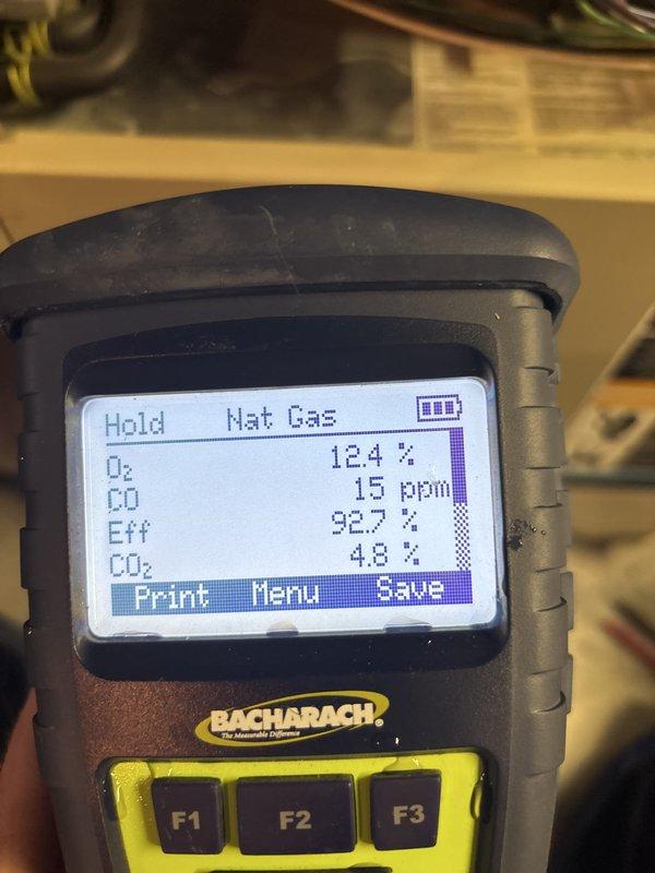 Completed preventive maintenance tune-up on both furnace and air conditioning system. Performed combustion analysis on natural gas furnace showing acceptable readings with 92.7% efficiency, 15 ppm CO, 12.4% O2, and 4.8% CO2. Serviced Allied Air Enterprises 4SCU13LE13GP-6 outdoor condensing unit utilizing HFC-410A refrigerant, confirmed unit specifications and proper operation.