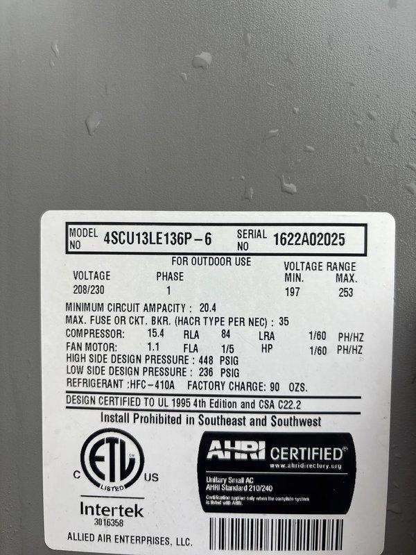 Completed preventive maintenance tune-up on both furnace and air conditioning system. Performed combustion analysis on natural gas furnace showing acceptable readings with 92.7% efficiency, 15 ppm CO, 12.4% O2, and 4.8% CO2. Serviced Allied Air Enterprises 4SCU13LE13GP-6 outdoor condensing unit utilizing HFC-410A refrigerant, confirmed unit specifications and proper operation.