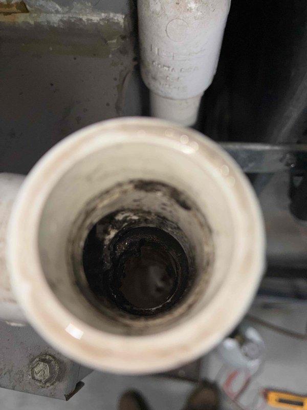 Responded to service call for excessive condensate discharge in counter room area. Upon inspection, discovered condensate drain line with significant buildup and blockage causing water overflow. Cleared obstruction from drain line, removed accumulated debris and residue from pipe interior, and verified proper drainage flow was restored to prevent further water damage.