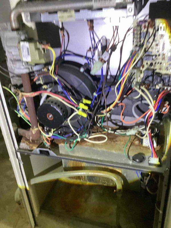Responded to service call for loud clanging noise from operating air conditioning system. Upon arrival, performed visual inspection of outdoor condenser unit and indoor air handler components. Examined condenser unit exterior, noting accumulation of debris around base and unit operating components. Opened indoor air handler cabinet to inspect blower motor assembly, electrical connections, and internal mechanical components for source of reported noise. Documented equipment condition with photographs showing condenser installation, internal blower assembly, wiring configuration, and overall system components to assess potential causes of mechanical noise during operation.