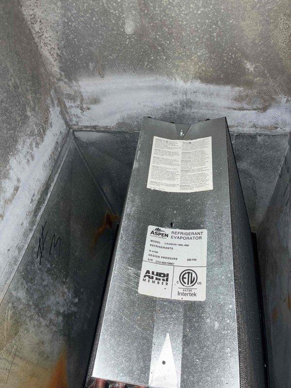 Responded to callback for water discharge issue at furnace location. Previous technician had identified potential plumbing concern, but plumber determined issue was HVAC-related. Upon arrival, inspected furnace area and located Aspen refrigerant evaporator unit installed in concrete housing showing signs of moisture accumulation and condensate drainage problems. Examined floor drain assembly with P-trap configuration in vicinity of equipment, noting debris accumulation and age-related deterioration around drain fixture. Documented existing conditions with photographs showing evaporator unit installation, concrete enclosure with visible moisture staining and efflorescence, and floor drain assembly condition. Confirmed water discharge originating from HVAC equipment condensate system rather than plumbing infrastructure.