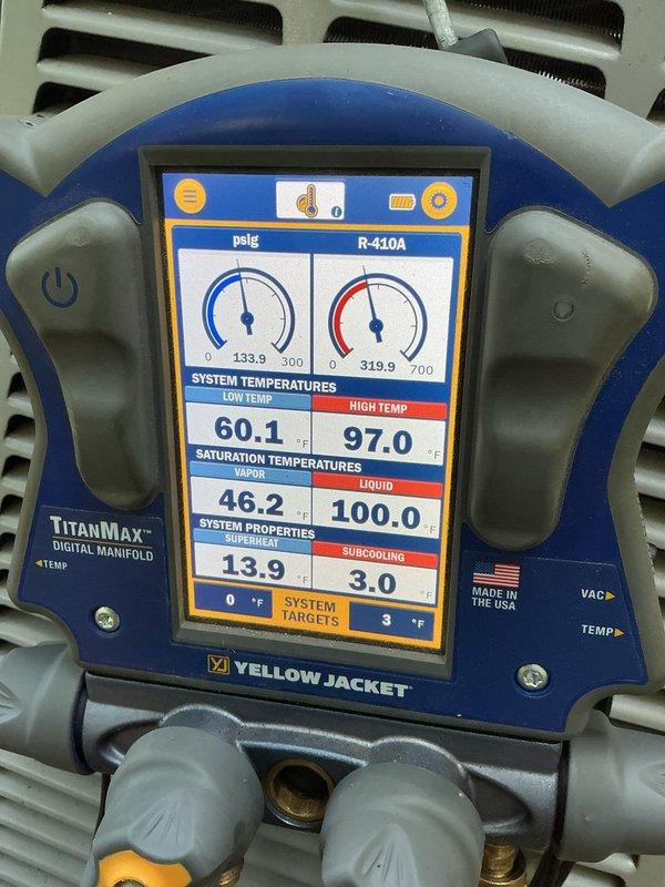 Responded to no cooling complaint on R-410A system. Upon arrival, connected digital manifold gauges to assess system performance. Found low side pressure at 133.9 psig and high side pressure at 319.9 psig with superheat reading of 13.9°F and subcooling at 3.0°F, below target of 3°F. Documented equipment model BDCSM3GC00A1P_2 serial number 1718H76B8B8 and refrigerant line set configuration. System operating parameters indicate insufficient subcooling requiring further refrigerant charge adjustment to restore proper cooling capacity.