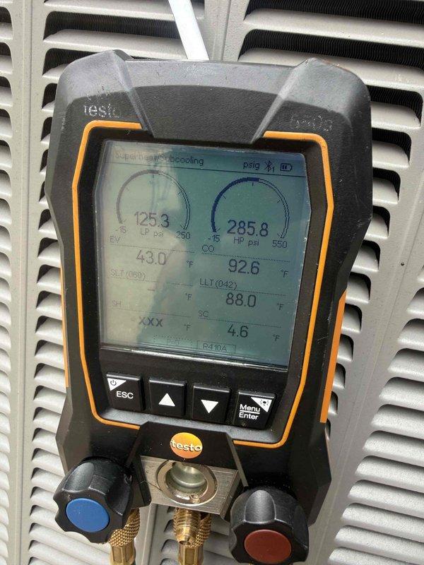 Performed preventive maintenance on two HVAC units and discovered both systems operating with insufficient refrigerant charge. Utilized digital manifold gauges to measure system pressures and temperatures, confirming low refrigerant levels on both the cooling and heating cycles. Added refrigerant to manufacturer specifications to restore proper system operation and optimize performance.