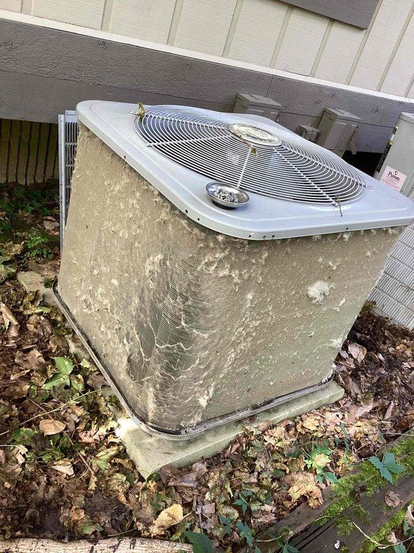 Performed routine preventive maintenance on commercial air conditioning condenser unit of unknown age. Conducted standard inspection of outdoor unit, verified operational status, and documented system temperatures using infrared thermometer, recording readings of -74.5°F at evaporator coil indicating proper refrigerant charge and cooling performance.