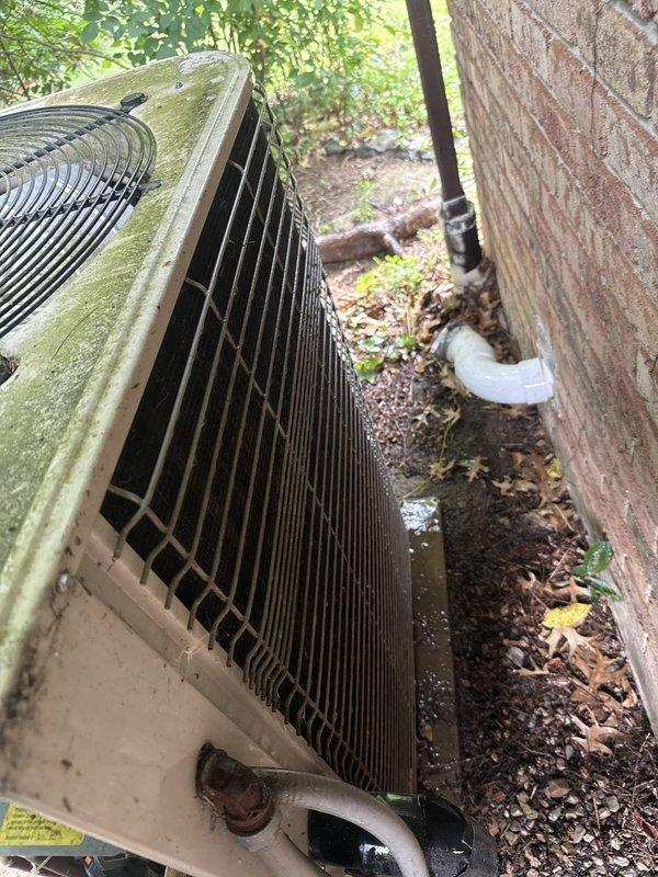 Performed cooling maintenance on 20-year-old Lennox condenser unit. Unit was accessible during 2-4 PM timeframe with advance notice. Observed significant algae and moss accumulation on cabinet surfaces and debris buildup around base of unit, which can restrict airflow and reduce system efficiency. Documented unit condition showing weathering consistent with age and environmental exposure in shaded installation location.