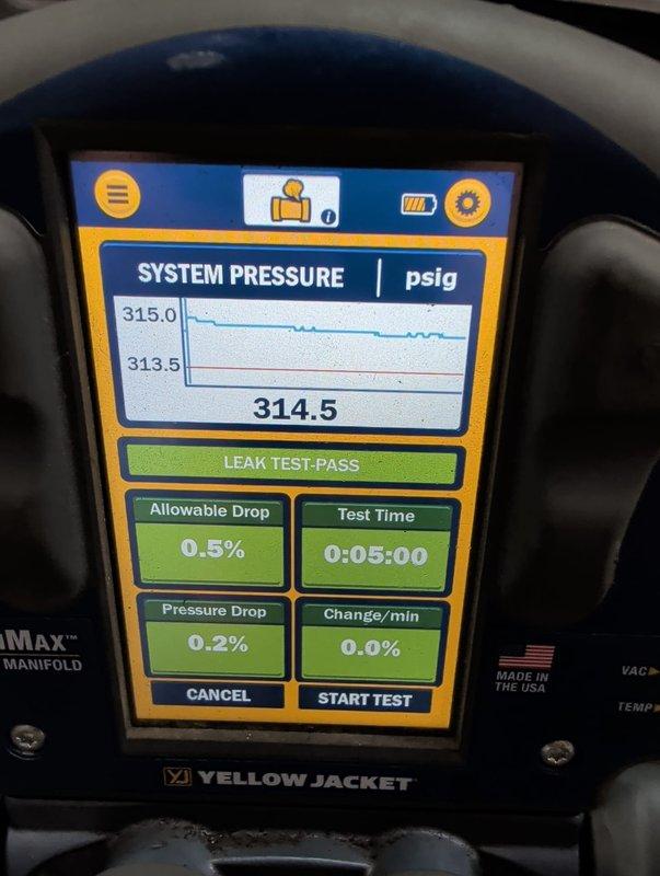 Completed installation of four complete HVAC systems including furnaces and air conditioning units for commercial application. Performed comprehensive leak testing on refrigerant systems using digital pressure monitoring equipment, achieving passing results with 0.2% pressure drop over five-minute test period at 314.5 PSIG. Connected and commissioned outdoor condensing units with R-454B refrigerant, verified proper refrigerant line connections, and ensured all systems met manufacturer specifications and industry standards for operation.