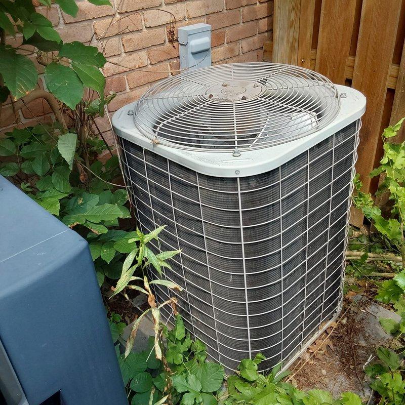 Completed comprehensive HVAC system evaluation for air conditioning retrofit at residential property. Assessed existing outdoor condenser unit positioned against exterior brick wall, noting vegetation growth around equipment that required clearance consideration for proper airflow and maintenance access. Documented indoor basement mechanical room containing Bryant Plus 90i furnace and existing water heater with associated copper piping, PVC venting system, and ductwork infrastructure. Evaluated compatibility of current furnace system with proposed air conditioning retrofit, inspected electrical panel accessibility, and confirmed adequate space for refrigerant line routing between indoor and outdoor components. Provided detailed photographic documentation of both outdoor condenser location and indoor mechanical room configuration to support equipment replacement specifications and installation planning.