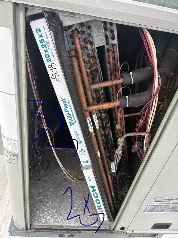 # HVAC Service Report

Responded to commercial service call regarding excessive humidity concerns. Performed comprehensive inspection of air conditioning system and air handling unit components. Examined air filtration system, finding two 20x25x12 MultiPleat filters installed in the air handler with visible dust accumulation. Inspected internal HVAC components including evaporator coil assembly, refrigerant lines, and electrical connections. Noted copper refrigerant lines showing normal oxidation patterns consistent with operational equipment. Verified proper installation of ductwork with foil-faced insulation and foam sealing materials. Documented current system condition through photographic evidence for service records. All electrical wiring connections and control circuits appear secure with proper labeling in place.
