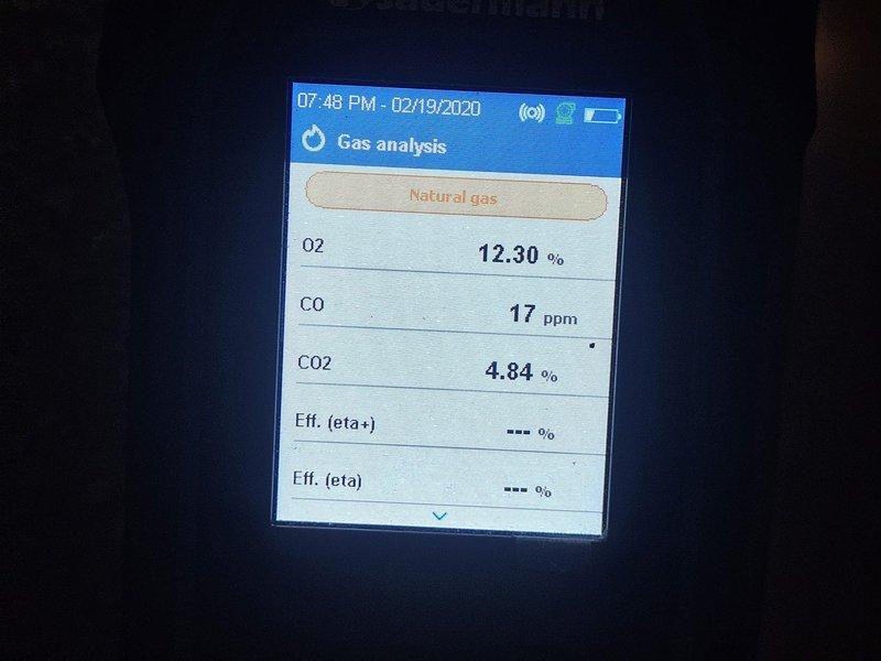 Performed comprehensive HVAC system inspection as requested. Conducted combustion analysis on natural gas heating equipment using calibrated gas analyzer, recording oxygen levels at 12.30% and 10.73% across multiple readings, carbon monoxide levels at 17 ppm and 9 ppm, and carbon dioxide levels at 4.84% and 5.71%, all within acceptable operating parameters. System operating safely with no immediate concerns identified.
