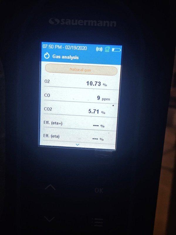 Performed comprehensive HVAC system inspection as requested. Conducted combustion analysis on natural gas heating equipment using calibrated gas analyzer, recording oxygen levels at 12.30% and 10.73% across multiple readings, carbon monoxide levels at 17 ppm and 9 ppm, and carbon dioxide levels at 4.84% and 5.71%, all within acceptable operating parameters. System operating safely with no immediate concerns identified.