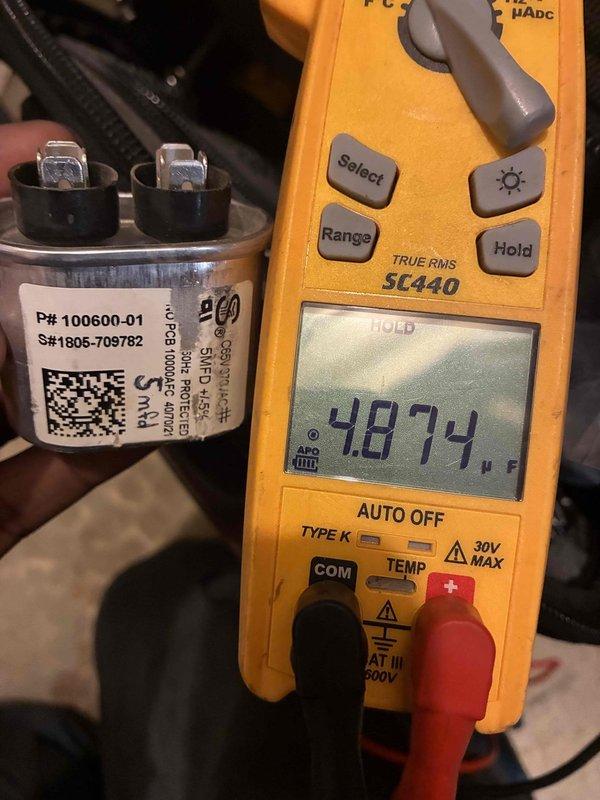Performed scheduled commercial cooling maintenance on rooftop HVAC unit. Conducted electrical diagnostics using digital multimeter to test capacitor performance and verify proper voltage readings. Measured capacitor microfarad values to ensure component was operating within manufacturer specifications. All readings confirmed system components functioning correctly with no deficiencies noted.