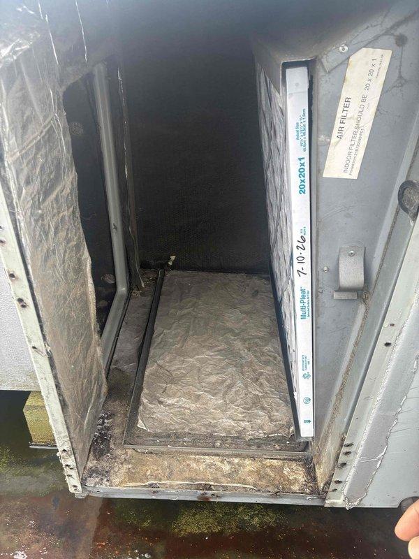 Completed routine commercial cooling maintenance on rooftop condensing unit. Performed standard service procedures including cleaning condenser coils with water flush, inspecting fan motor and blade assembly, and checking refrigerant operation. Accessed air handler compartment and noted filter condition and interior cleanliness. All components operating within normal parameters upon completion of scheduled maintenance visit.