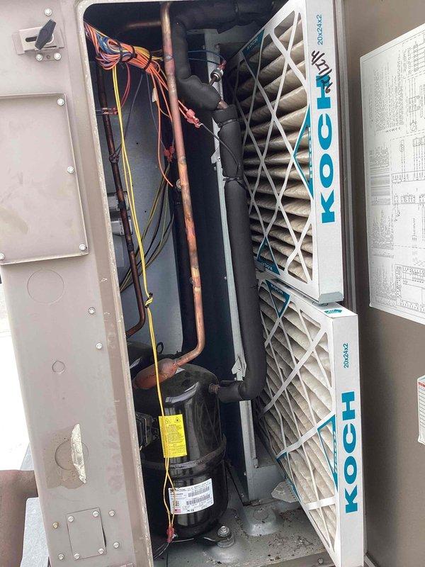 Responded to service call for non-operational commercial A/C unit. Upon inspection, diagnosed system failure and performed necessary repairs to restore unit to proper working condition. Verified operational status of compressor, fan assembly, and electrical components, replaced air filters, and confirmed system functionality with all components operating within normal parameters.