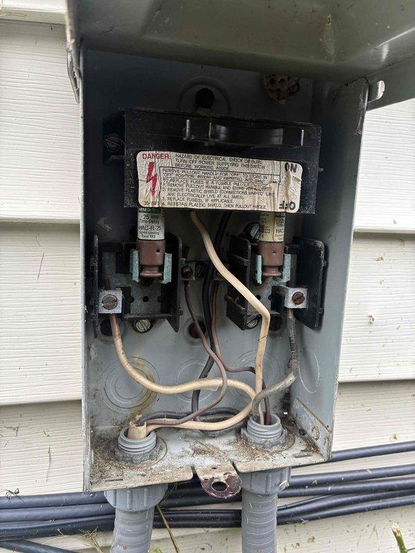 Responded to no-cooling call on commercial air conditioning unit. Upon arrival, found electrical disconnect box open with visible wiring concerns and outdoor condenser unit requiring service. Performed diagnostic testing, inspected electrical connections and components within disconnect panel, and serviced condenser unit to restore cooling operation. System tested and confirmed operational upon completion.