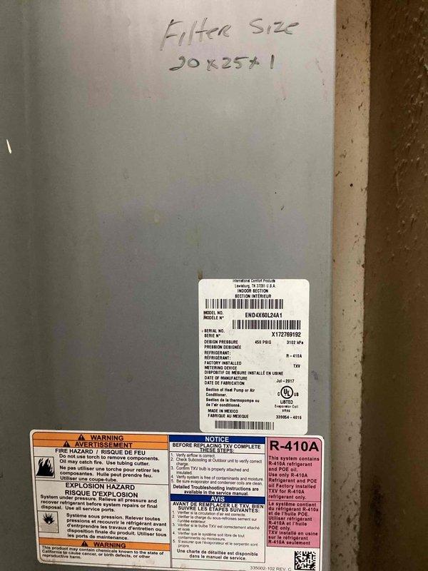 Completed scheduled commercial cooling maintenance visit on HVAC unit model ERECKA042A4A1. Inspected air handling system and verified 20x25x1 air filter condition, which appeared clean with minimal debris accumulation. Documented equipment specifications, refrigerant type R-410A, and verified all manufacturer labels and safety warnings were legible and intact. Unit operational with no immediate service concerns identified during routine inspection.