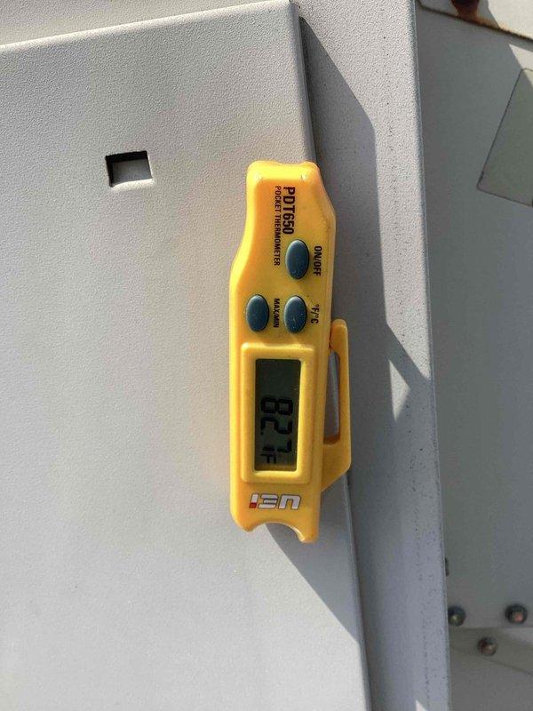 Completed scheduled commercial cooling maintenance visit on rooftop HVAC unit. Performed system inspection with access panels opened to verify electrical connections, control board operation, and wiring integrity. All wire bundles, connectors, and junction boxes inspected and found secure with no signs of overheating or damage. Measured ambient temperature at 82.9°F using calibrated digital thermometer to verify proper system operation under current load conditions. Unit operating within normal parameters with no deficiencies noted.