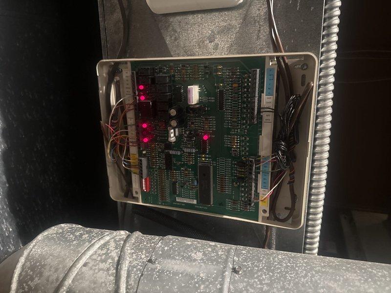 Performed comprehensive clean and check service on geothermal HVAC system in preparation for home inspection. Inspected control board with all electronic components functioning properly, verified LED indicators operational, and examined all wire connections and ductwork within the system. All components found to be in good working order with system ready for inspection.